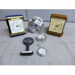 A Smith travel clock, Safari travel clock, two clocks and two lapel watches