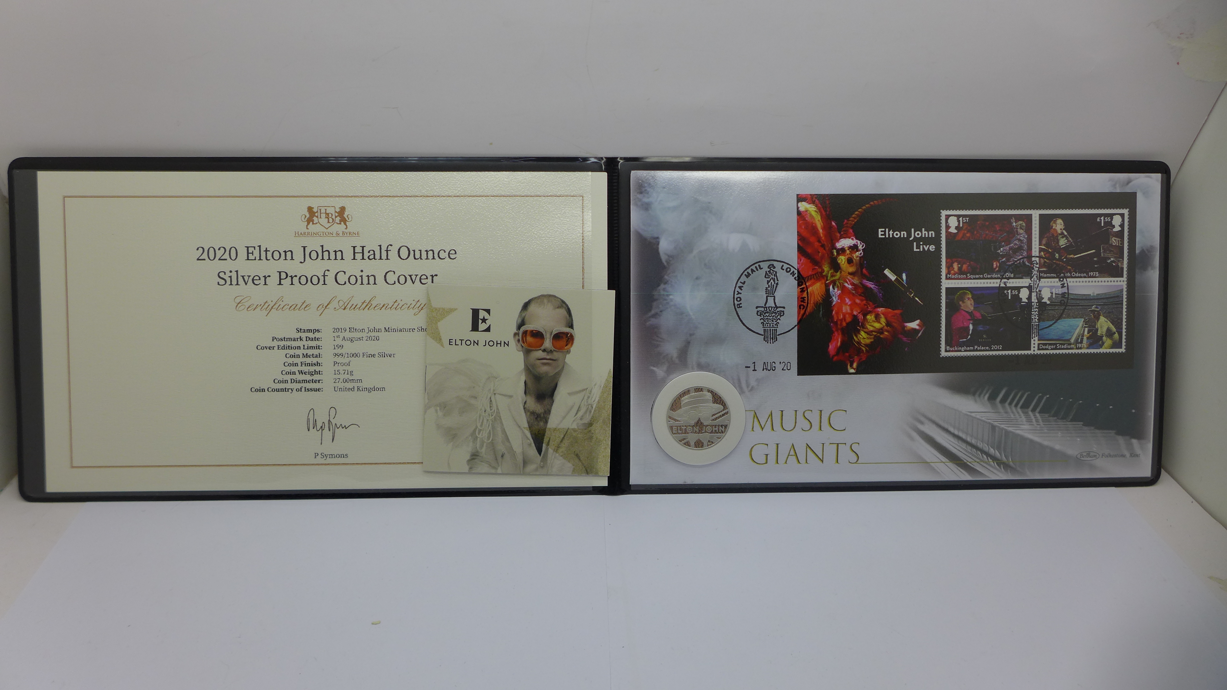 A 2020 Music Giants Elton John half ounce £1 silver proof coin cover, 999/1000, with certificate