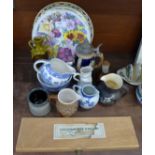 A collection of china including Royal Albert, Minton's, etc., and four hand painted tiles