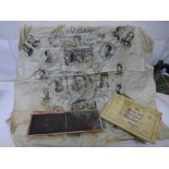 A cutlery box with glass lantern slides, a Dickens's Dictionary, Queen Victoria Julilee linen