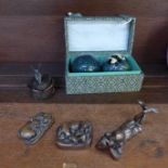 Three bronze figures, a little fairy trinket box and a pair of Chinese Baoding balls, boxed