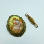 A Fragonard porcelain brooch and a 9ct gold brooch, with metal pin and solder repair, a/f, 3.2g