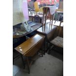 An oak barley twist gateleg table, Edward VII inlaid mahogany occasional table and another