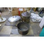 A large Victorian saucepan, coal bin and a large steamer