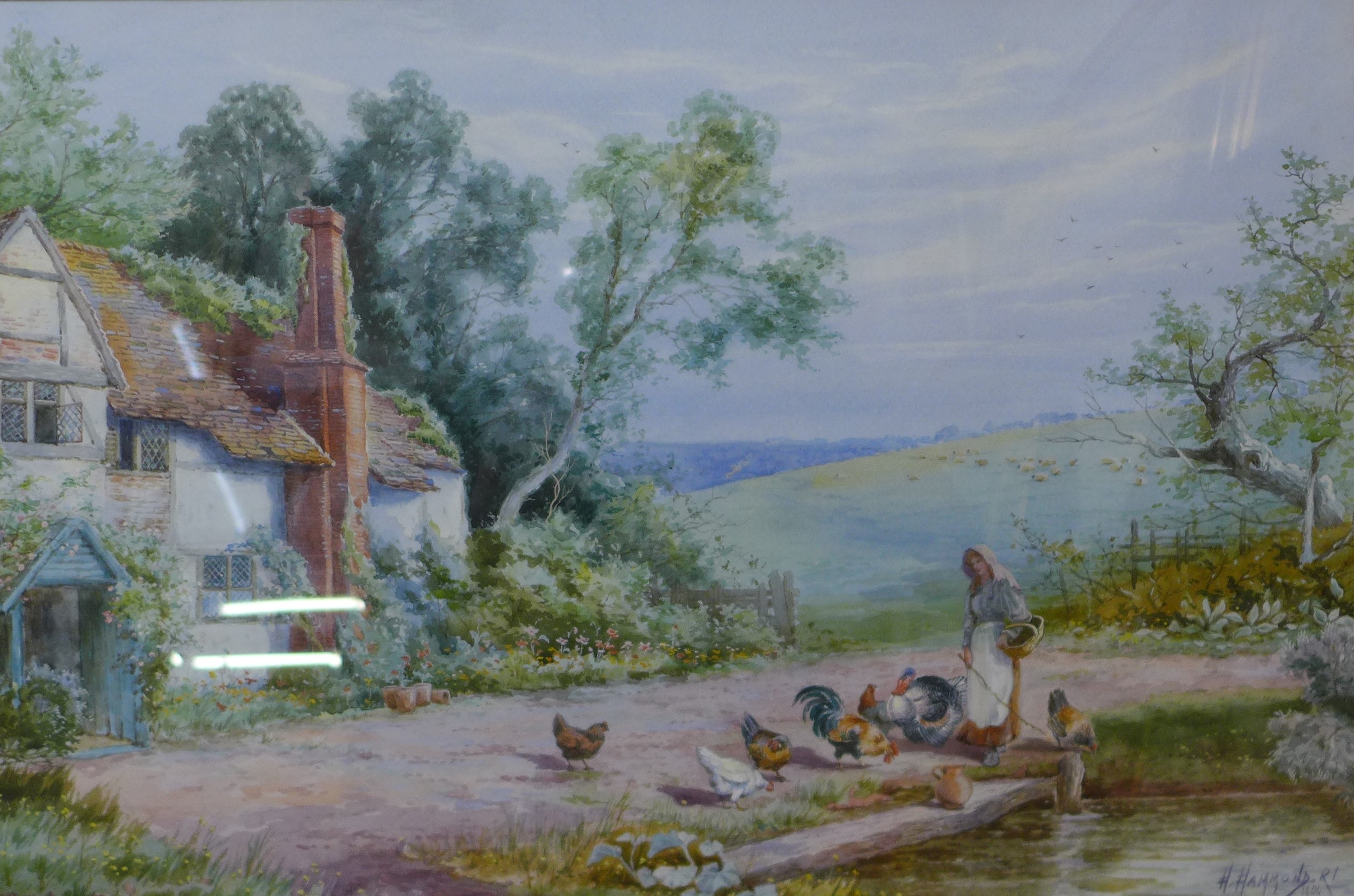 H. Hammond, RI, cottage landscape with figure and chickens, watercolour, dated 1906, 36cms x