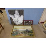A landscape oil, Marilyn Monroe poster and a display of nautical knots