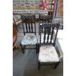 A set of three carved oak barleytwist chairs