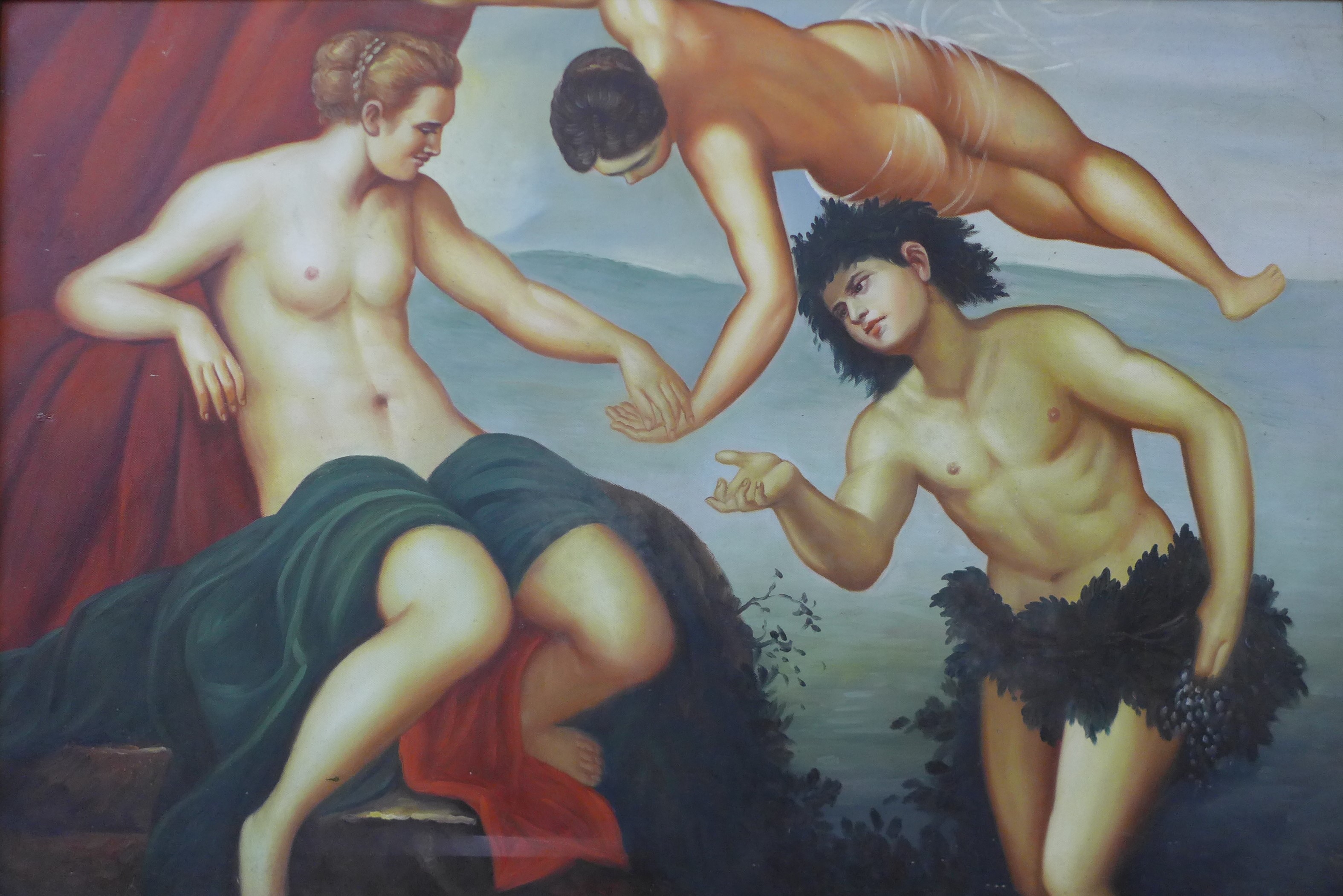 A classical scene, oil on canvas, unsigned, 59cms x 89cms, framed