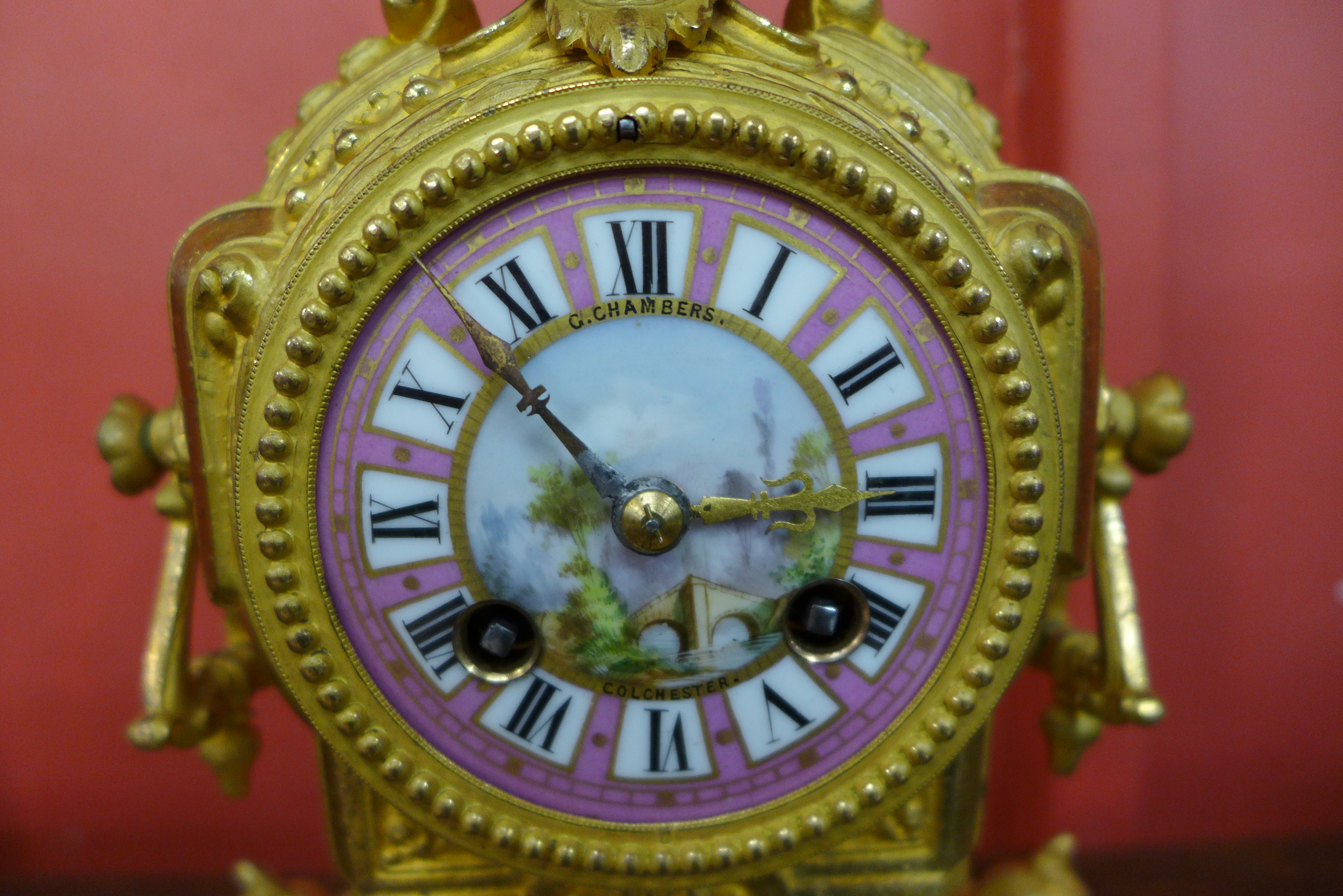 A 19th Century Japy Freres gilt metal mantel clock, dial painted and signed, G. Chambers, Colchester - Image 2 of 3