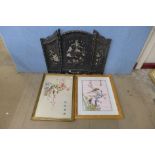 Two Chinese silk pictures and a small triple screen, a/f