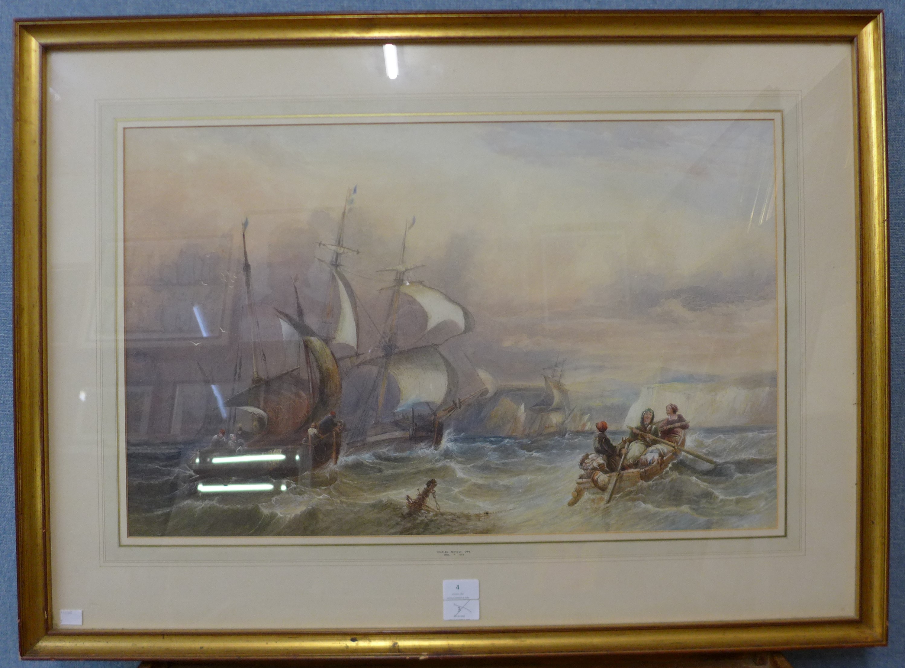 Follower of Charles Bentley O.W.S. (1806-1854), rough seas off the Dover coast, watercolour, - Image 2 of 2