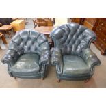 A pair of ladies and gentleman's green leather button back armchairs