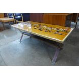 A tiled top, teak and chrome coffee table, signed Adri