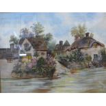 Thatched cottage, landscape, oil on canvas, unsigned, 34cms x 45cms, framed