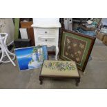 An embroidered firescreen, mahogany and embroidered stool, Italian oil painting and a painted two
