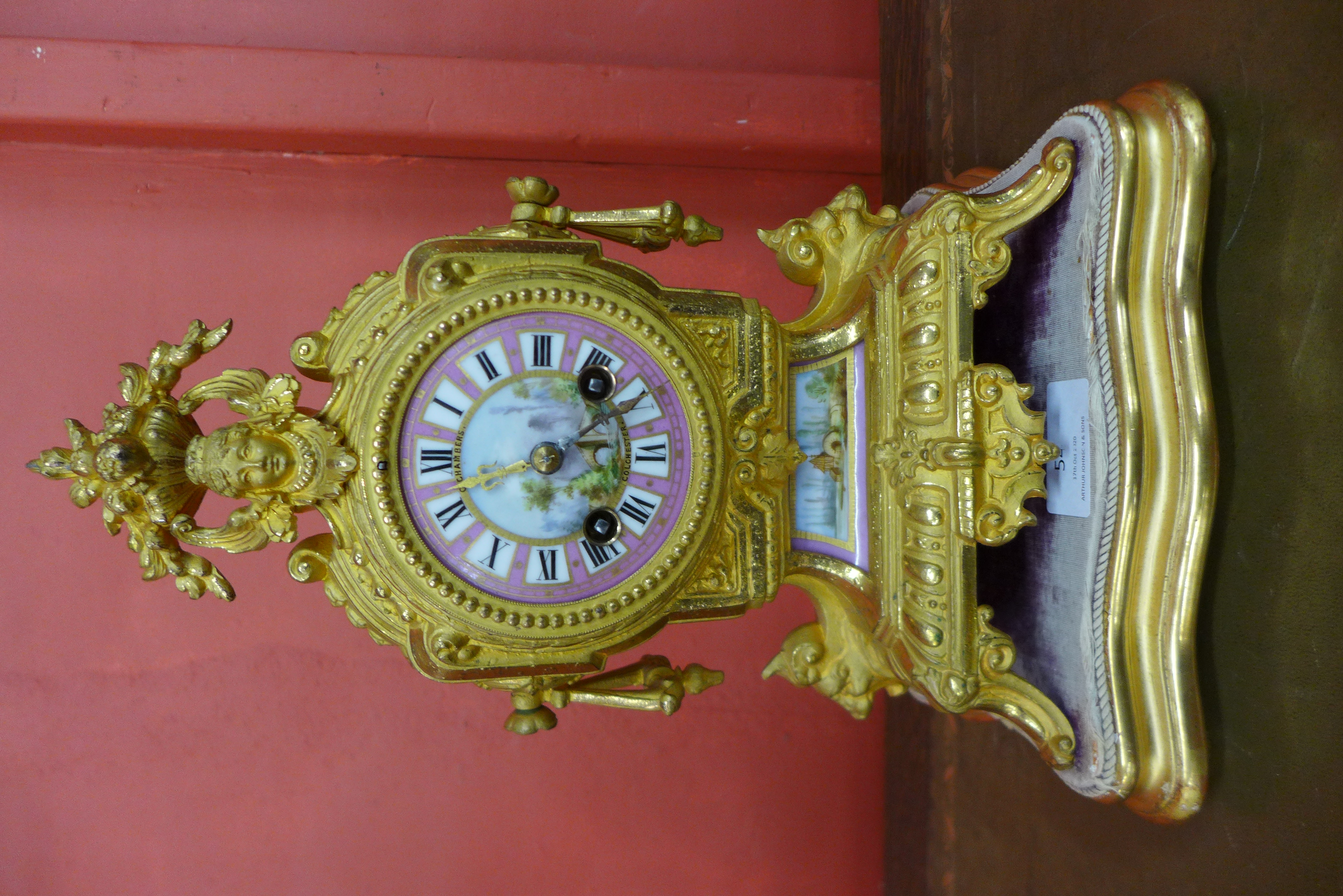 A 19th Century Japy Freres gilt metal mantel clock, dial painted and signed, G. Chambers, Colchester