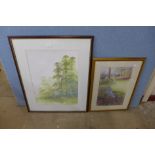 Two landscapes, watercolour and pastel, both framed