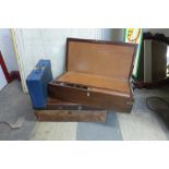 A Victorian mahogany, brass and maple inlaid writing slope, a mahogany writing slope and a
