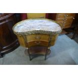 A French Louis XV style inlaid mahogany, gilt metal and marble topped kidney shaped occasional table