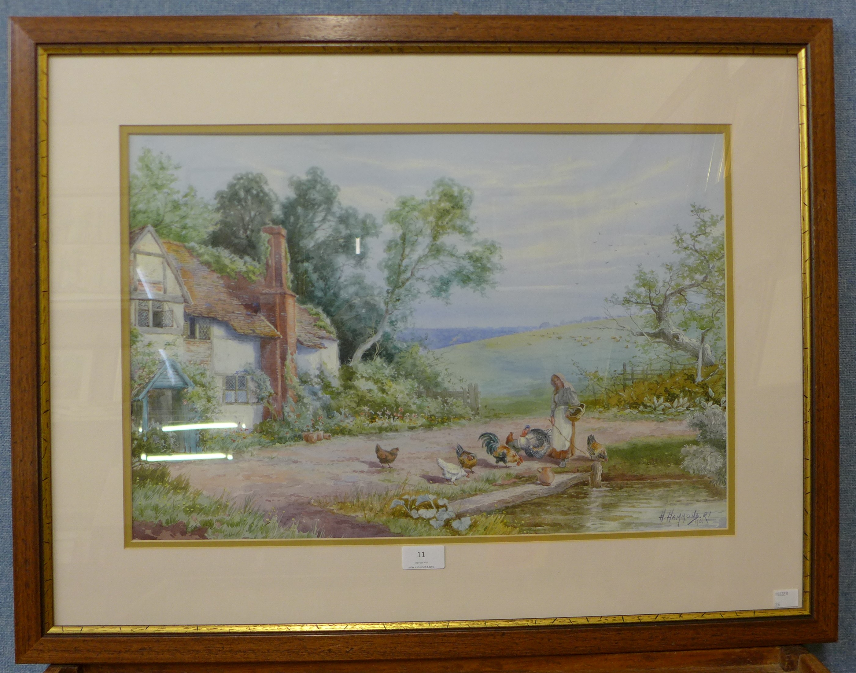 H. Hammond, RI, cottage landscape with figure and chickens, watercolour, dated 1906, 36cms x - Image 2 of 2