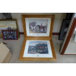 A pair of large fox hunting prints in pine frames