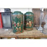 A pair of green chinoiserie jars with covers