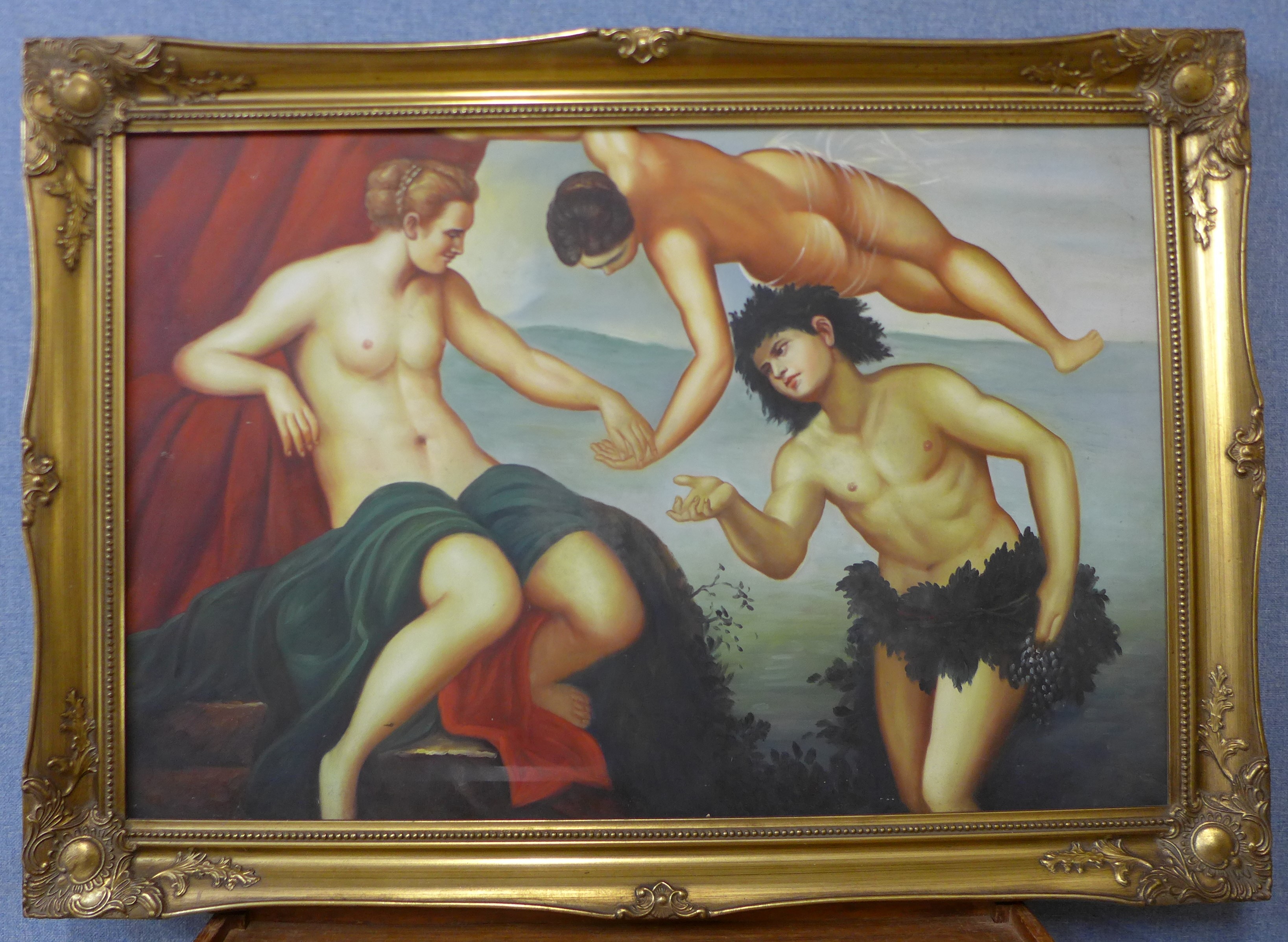 A classical scene, oil on canvas, unsigned, 59cms x 89cms, framed - Image 2 of 2