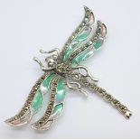 A silver, plique a jour and marcasite dragonfly brooch/pendant