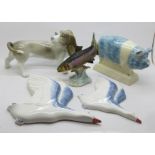 A Lladro figure of a dog, a Goebel fish, two Rye Pottery birds and a Rye Pottery boar