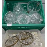 A box of crystal lidded pots, posy base, and five light fittings with crystal drops **PLEASE NOTE