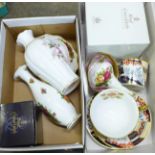 A collection of Royal Crown Derby cups, saucers, vases, Royal Albert, (two items boxed)