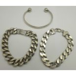 Two heavy silver bracelets and a bangle, 200g