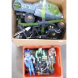 A collection of 1980's-90's Action Man vehicles, Jeep, Helicopter, four figures, clothes and