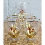 A fox hunting glass lemonade set, six gold rimmed glasses and a jug