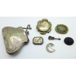 Two hallmarked Victorian silver brooches, crescent moon, lacking hook and stone, and guitar, an