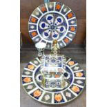 Two Royal Crown Derby 1128 pattern plates, 27cm, dish with lid, one other dish, a/f, and a small