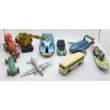 A box of playworn die-cast model vehicles including Dinky