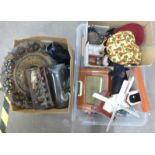 Two boxes of miscellaneous; harmonica, heavy blue glass vase, radio, beads, Egyptian charger,
