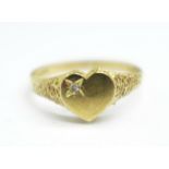 A 9ct gold heart shaped ring set with a diamond, 1.6g, P