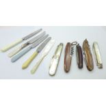 Two silver and mother of pearl penknives, a mother of pearl caviar knife and other knives