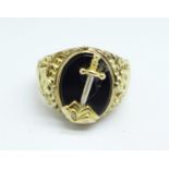 A gentleman's silver gilt Sword and the Stone ring set with a small diamond, Y