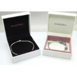 Two Pandora bracelets, test as silver