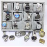 Nineteen gentleman's wristwatches including Seiko, Lorus and Citron, some a/f and a watch display