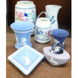 Two Poole vases and a jug and four items of Wedgwood Jasperware