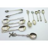 Four silver spoons, 52g, six other spoons and a pair of sugar bows
