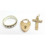 A 9ct gold cross pendant, a 9ct gold padlock fastener and a 9ct gold and silver ring, N, (cross