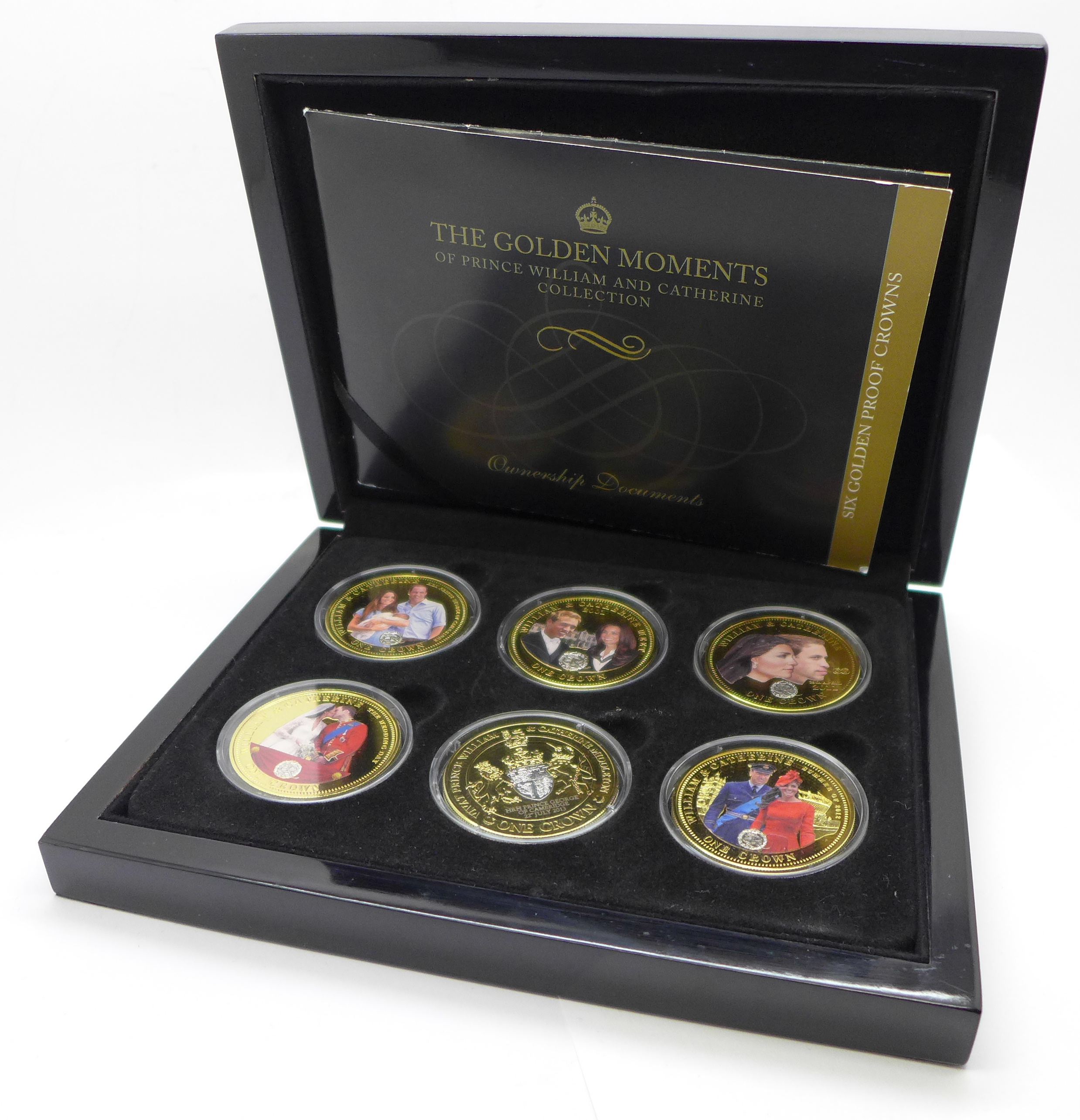 A set of The Golden Moments of Prince William and Catherine, six gold layered proof crowns