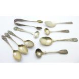 Eight silver spoons including condiment spoons and a pair of silver sugar bows, 150g