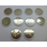 Ten commemorative coins including five £5 coins;- (1995 Alderney Queen Mother, Guernsey 2003