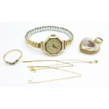 A 9ct gold cased wristwatch, a 9ct gold picture locket, a/f, a 9ct gold ring, R, and a fine 9ct gold